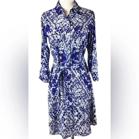 CAbi blue Jewel print button up shirt dress style # 422 roll tab sleeves… - Picture 10 of 11